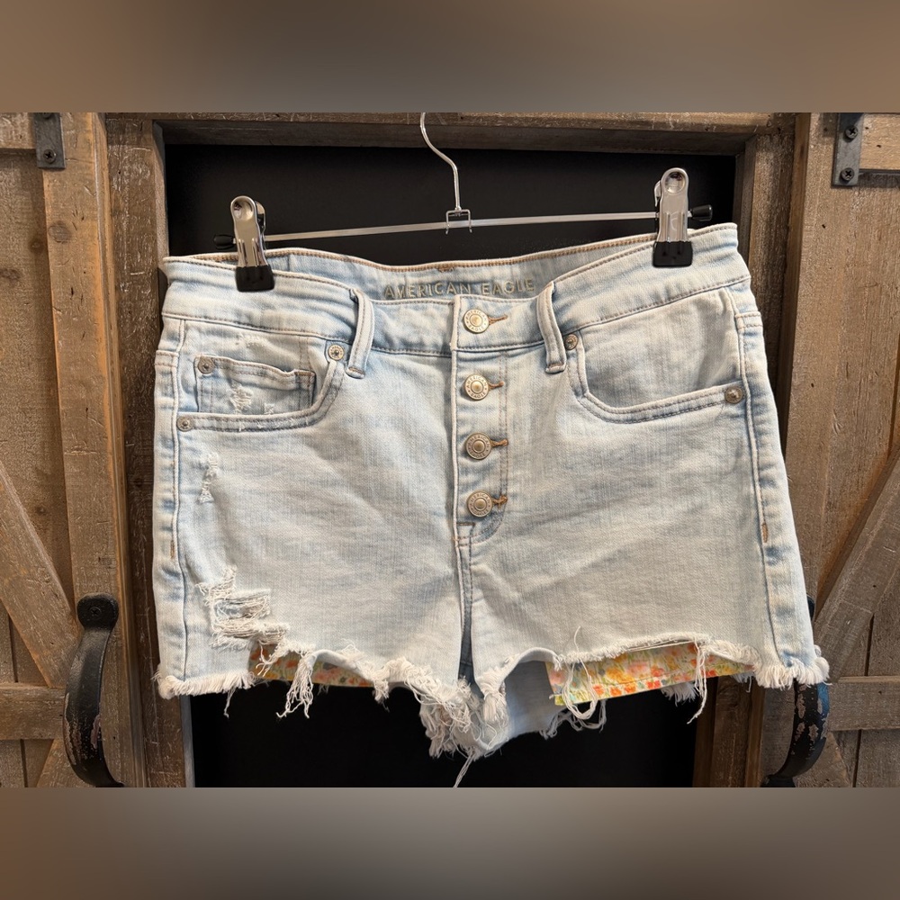 American Eagle Outfitters Light Wash Distressed Button-Front Denim Shorts